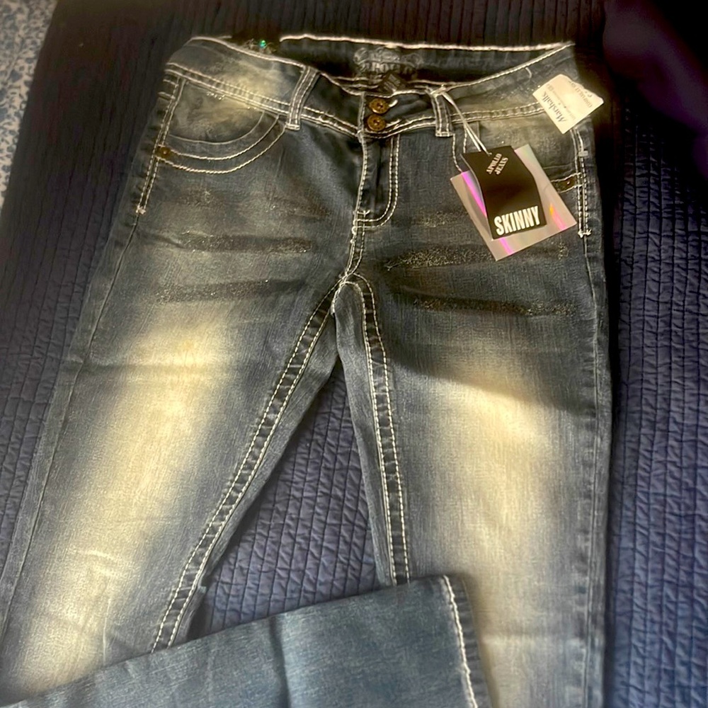 Denim jeans size 7/8 skinny, heavy stretch, 2 button Apollo Jeans NWT